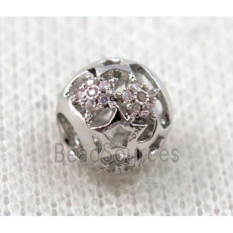 round copper bead paved zircon, hollow, platinum plated