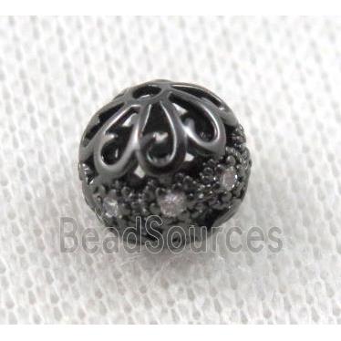 round copper bead paved zircon, black plated, hollow