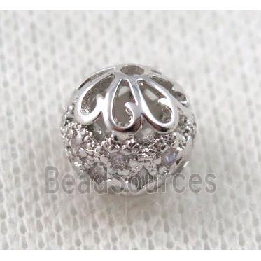 round copper bead paved zircon, hollow, platinum plated