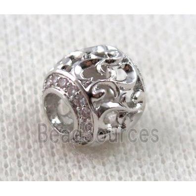 round copper bead paved zircon, hollow, platinum plated