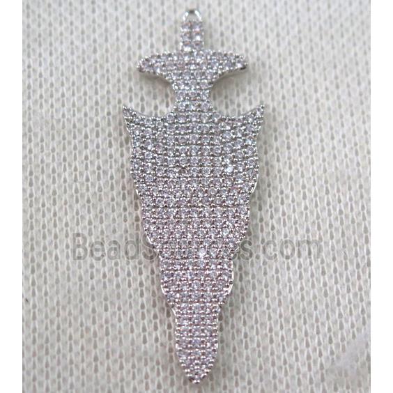 copper arrowhead pendant paved zircon, platinum plated