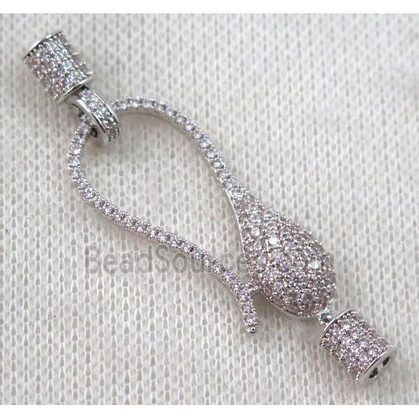 copper connector clasp paved zircon, platinum plated