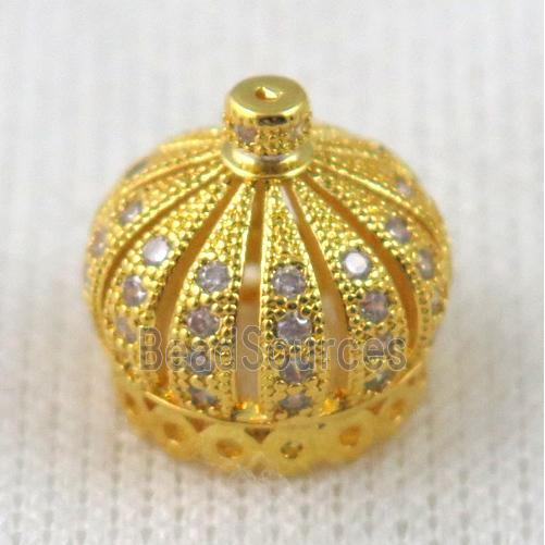 paved zircon copper bead, crown, gold plated