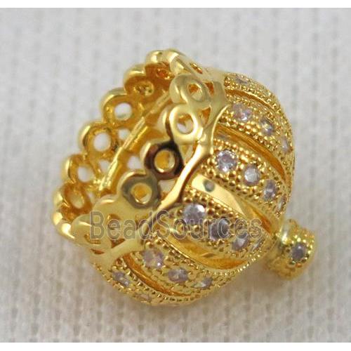 paved zircon copper bead, crown, gold plated