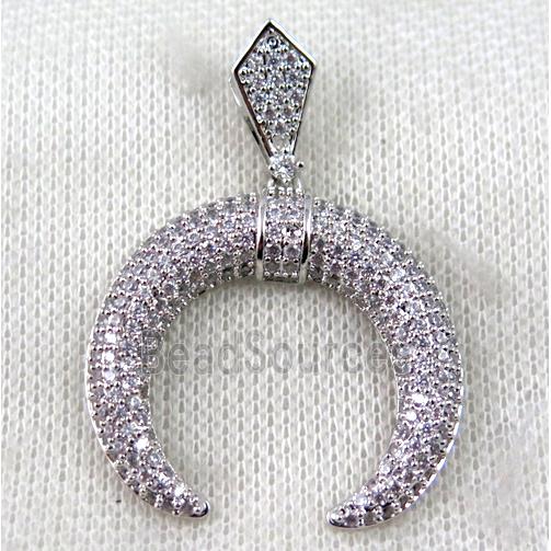 copper crescent moon pendant paved zircon, platinum plated