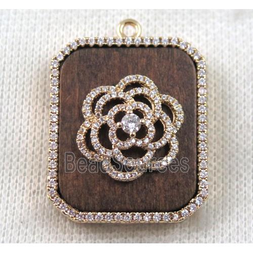 copper flower pendant paved zircon, wood, rose gold