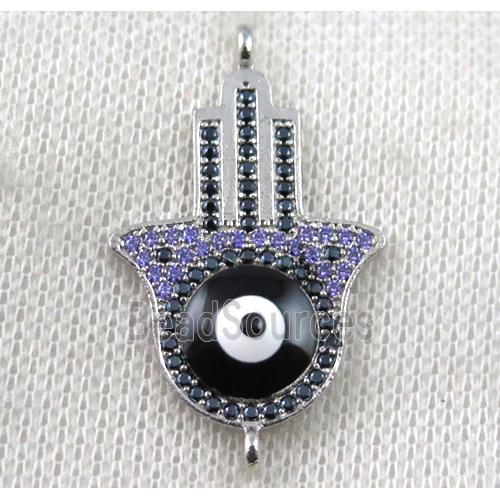 copper hamsahand connector paved zircon with evil eye, platinum plated