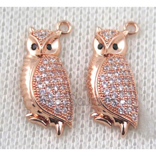 copper owl pendant paved zircon, rose gold