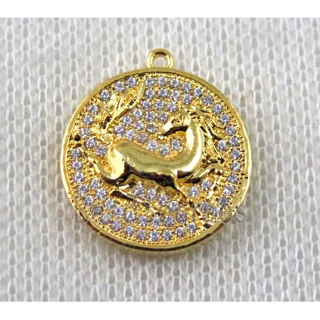 copper Zodiac Horse pendant paved zircon, gold plated