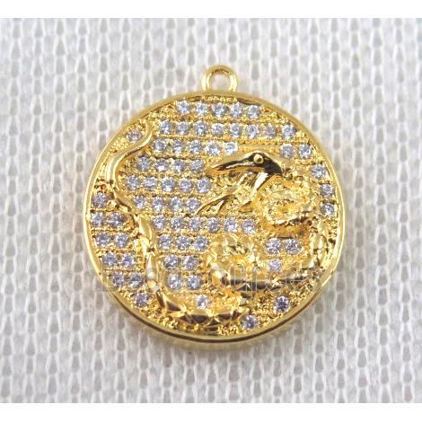 copper Zodiac Snake pendant paved zircon, gold plated