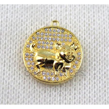 copper Zodiac Boar pendant paved zircon, gold plated