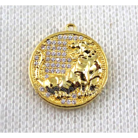 copper Zodiac Dog pendant paved zircon, gold plated