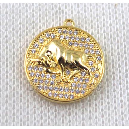 copper Zodiac Ox pendant paved zircon, gold plated