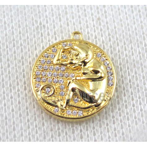 copper Zodiac Monkey pendant paved zircon, gold plated