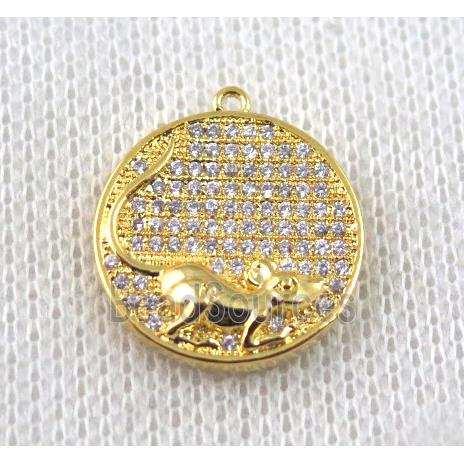 copper Zodiac Rat pendant paved zircon, gold plated