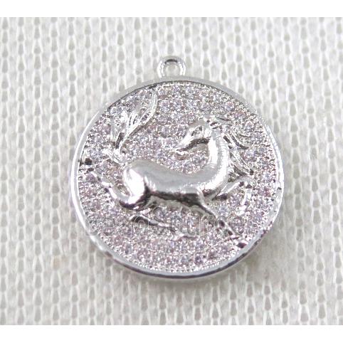 copper Zodiac Horse pendant paved zircon, platinum plated