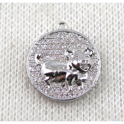 copper Zodiac Boar pendant paved zircon, platinum plated