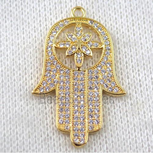 copper hamsahand pendant paved zircon, gold plated