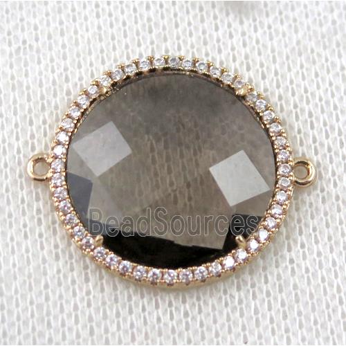 smoky Chinese Crystal Glass connector pave zircon, circle, gold plated