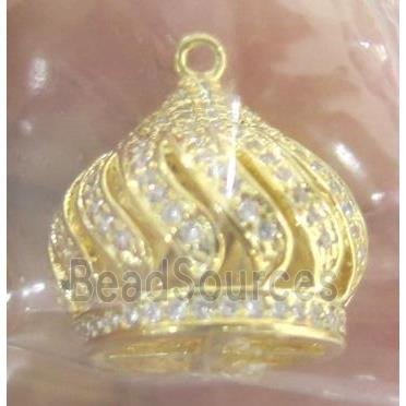 paved zircon copper pendant, crown, gold plated