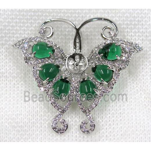 copper brooch paved zircon, platinum plated, butterfly, green jade