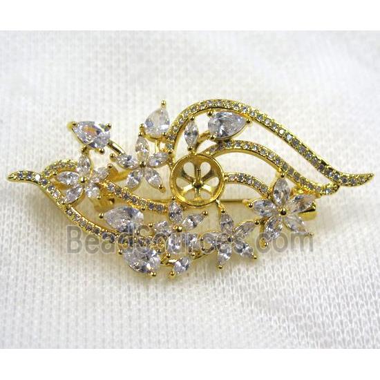 copper flower brooch paved zircon, gold plated