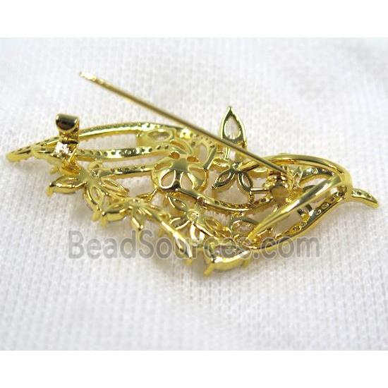 copper flower brooch paved zircon, gold plated