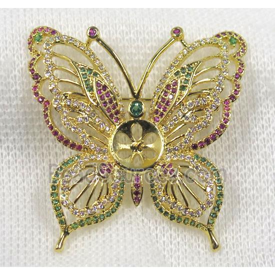 copper butterfly brooch paved zircon, gold plated