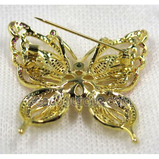 copper butterfly brooch paved zircon, gold plated