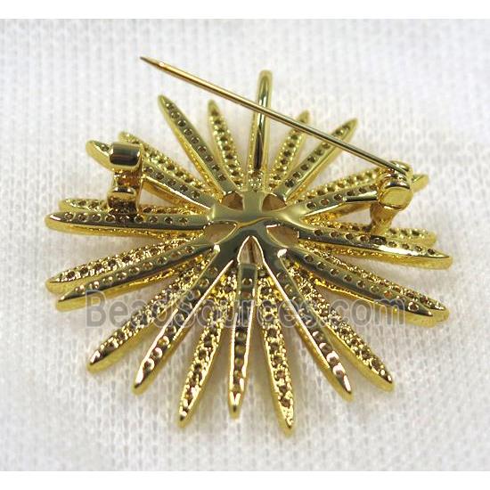 copper sunflower brooch paved zircon, gold plated