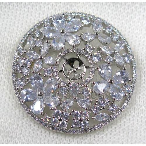 copper circle brooch paved zircon, platinum plated