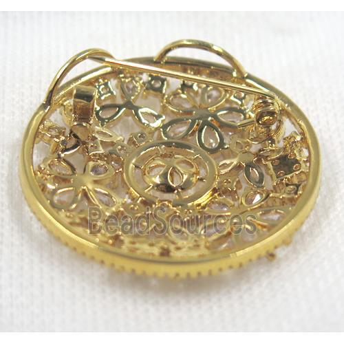 copper circle brooch paved zircon, gold plated