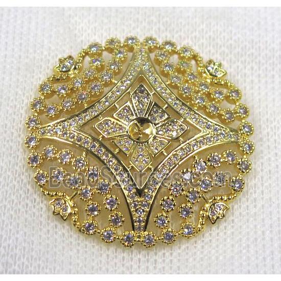 copper brooch paved zircon, gold plated