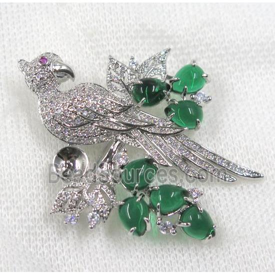 copper brooch paved zircon, platinum plated, bird