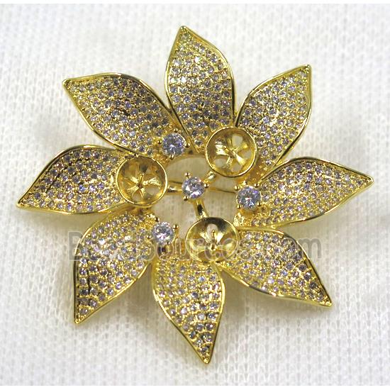 copper flower brooch paved zircon, gold plated