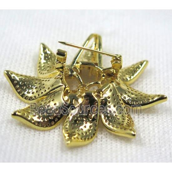 copper flower brooch paved zircon, gold plated