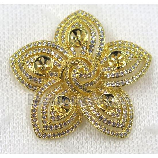 copper flower brooch paved zircon, gold plated