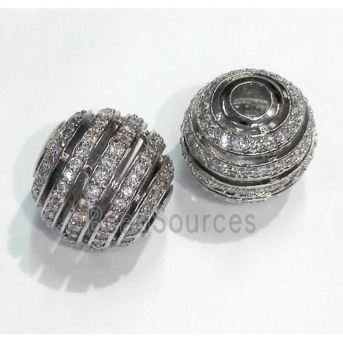 paved zircon copper bead, round, platinum plated