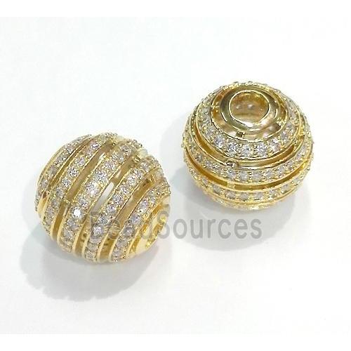 paved zircon copper bead, round, gold plated