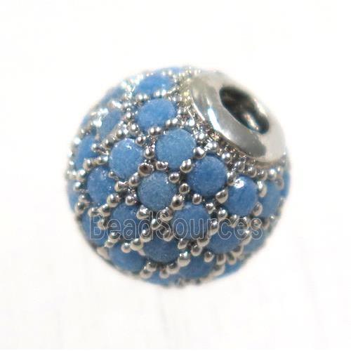 round copper beads pave zircon, platinum plated, turq