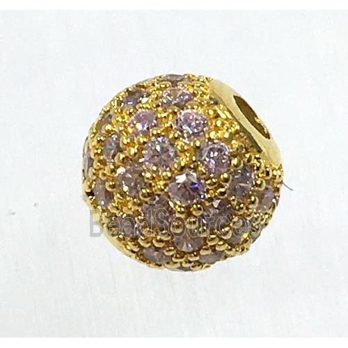 round copper beads pave zircon, gold plated