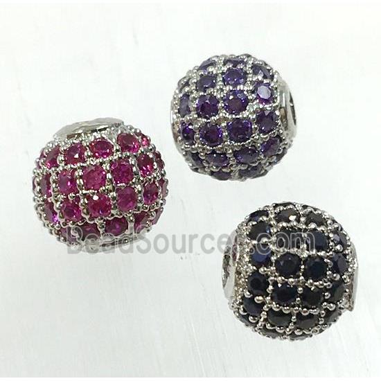 round copper beads pave zircon, platinum plated, mix