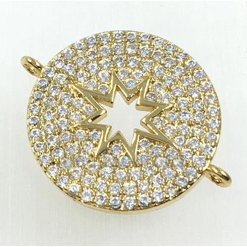 copper button connector pave zircon, north star, gold plated