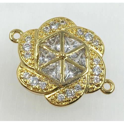 copper flower connector pave zircon, gold plated