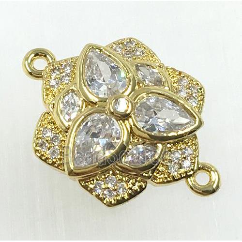 copper flower connector pave zircon, gold plated