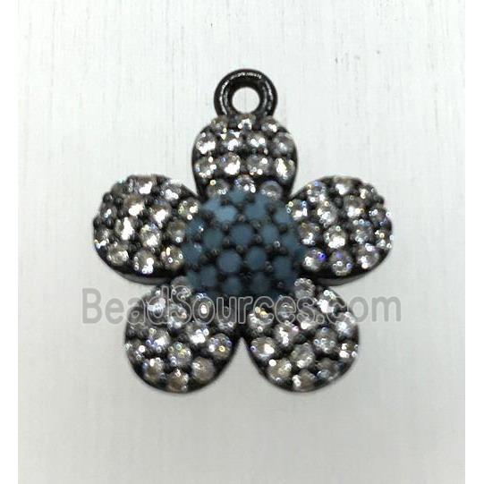 copper flower pendant paved zircon, black plated