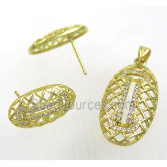 Raw Brass pendant and earring studs paved zircon