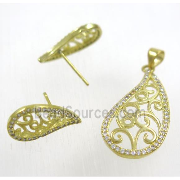 Raw Brass pendant and earring studs paved zircon