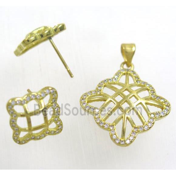 Raw Brass pendant and earring studs paved zircon