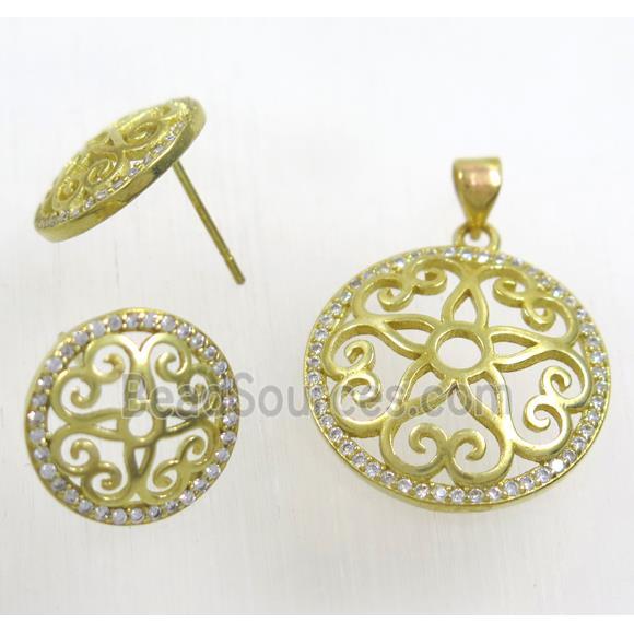 Raw Brass pendant and earring studs paved zircon